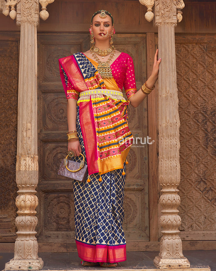 Blue Zari Woven Patola Silk Saree with Unstitched Blouse