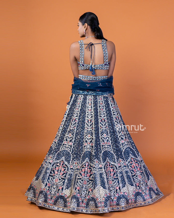 Navy Blue Embroidered Embellished Lehenga Choli Set with Dupatta