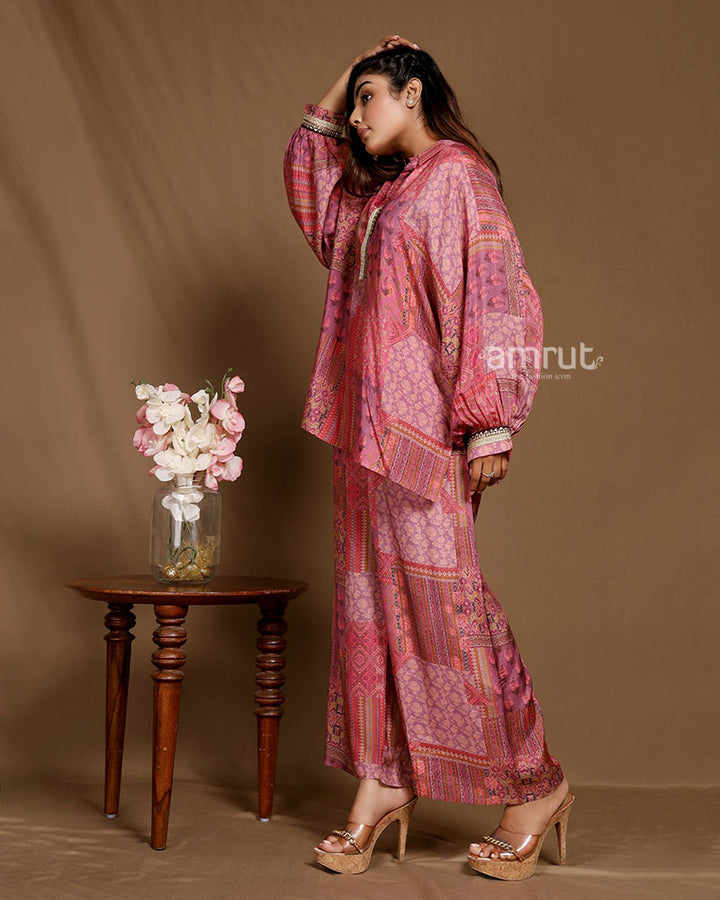 Multicolored Printed Co-ord Set with Puffed Full-sleeves and Palazzo Pants