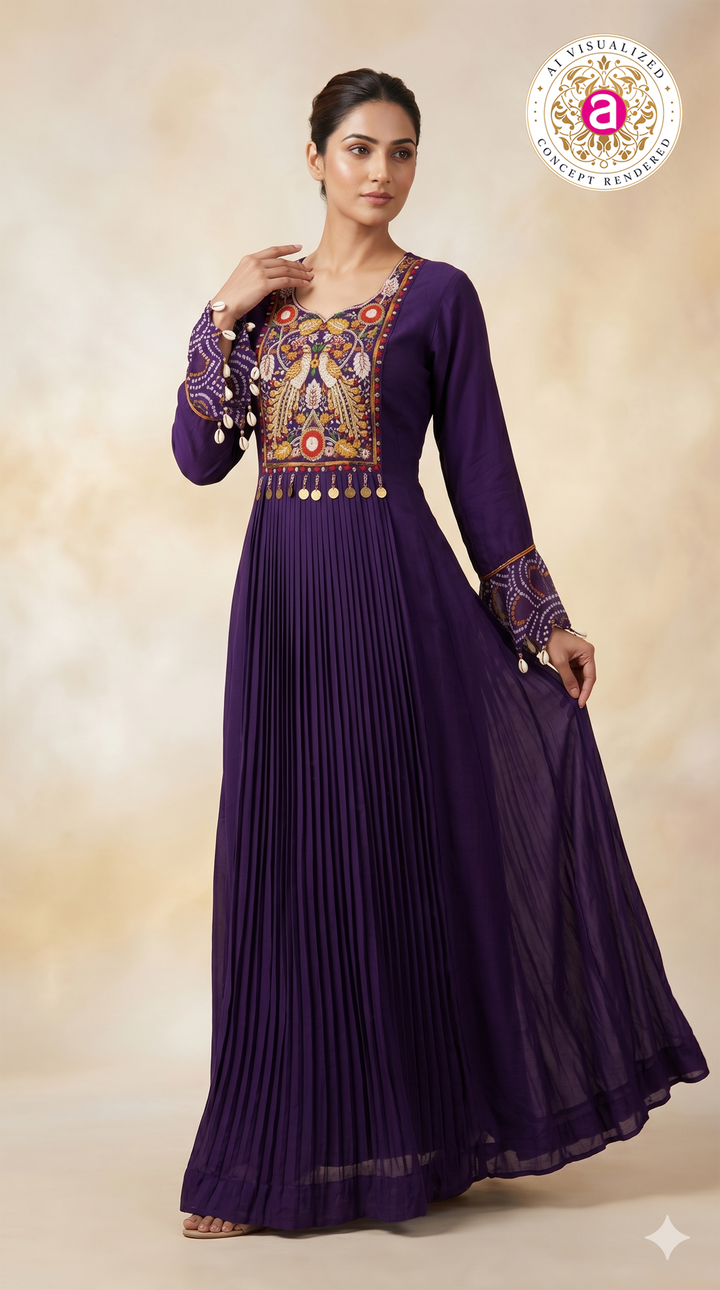 Royal Purple Embroidered Pleated Anarkali Gown