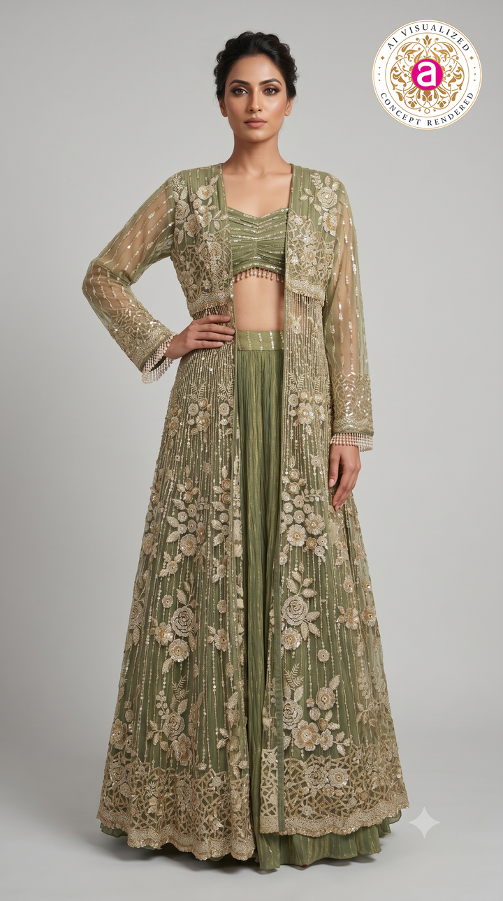 Sage Green Embroidered Jacket Style Lehenga Set with Bralette