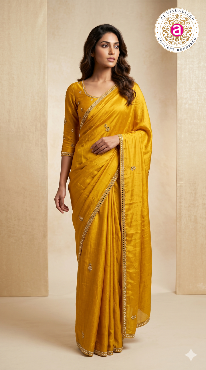 Mustard Yellow Mirror Work Designer Saree with Embellished Blouse
