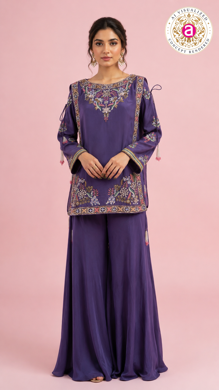 Embroidered Purple Palazzo Suit Set with Floral Handwork