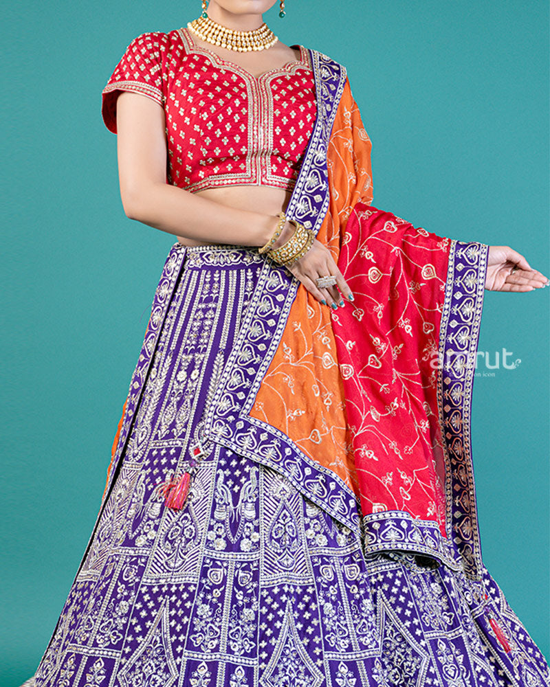 Vibrant Purple Lehenga Crimson Red Choli with Silver Embroidery and Red-Orange Dupatta