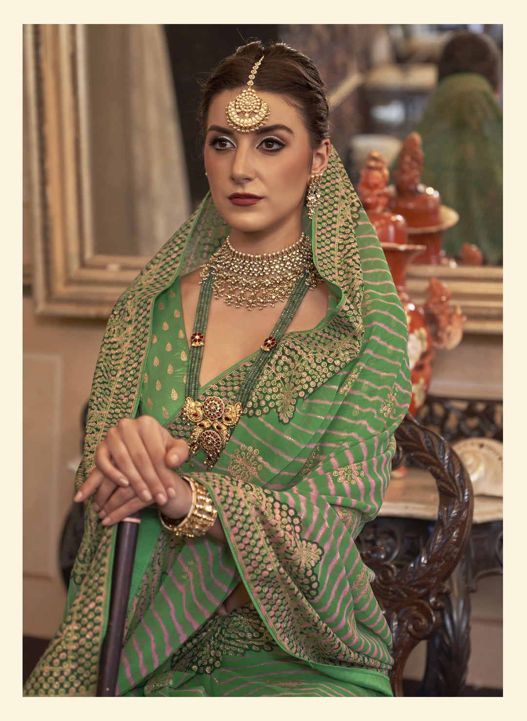 Royal Emerald Green Leheriya Pattern Georgette Designer Saree