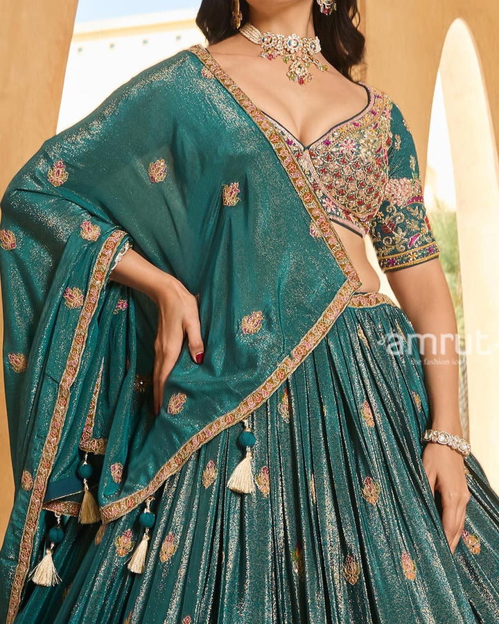 Teal Golden and Pink Embroidery Embellished Lehenga Choli with Matching Dupatta