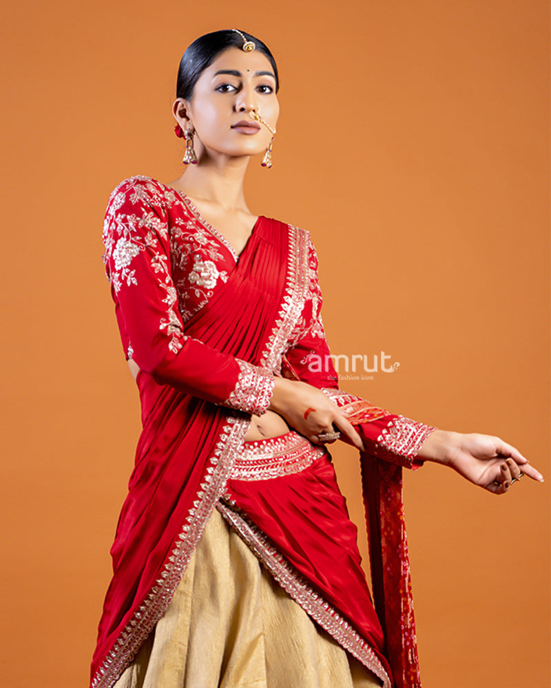 Golden Lehenga with Red Embellished Choli and Draped Dupatta