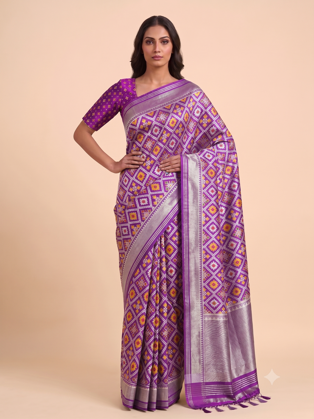 Patola Weaving Silk Saree with Traditional Geometric Ikat Design & Rich Zari Border