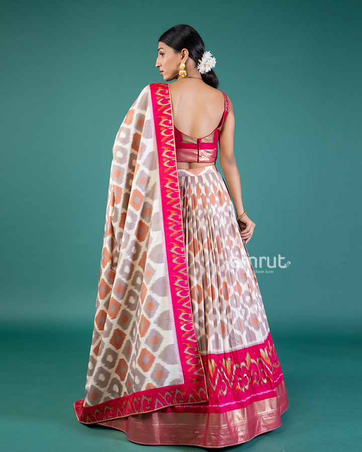 Cream-Beige & Pink Fuchsia Geometric Print Lehenga Choli with Dupatta