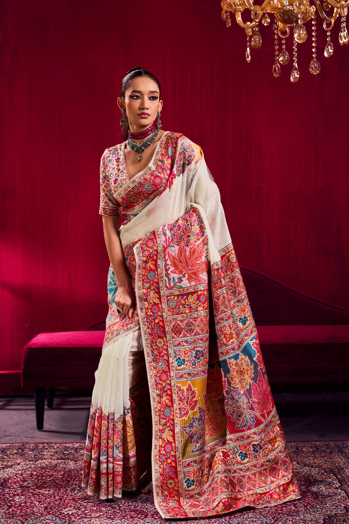 Ivory White Kashmiri Modal Pashmina Saree with Multicolor Floral Weaving