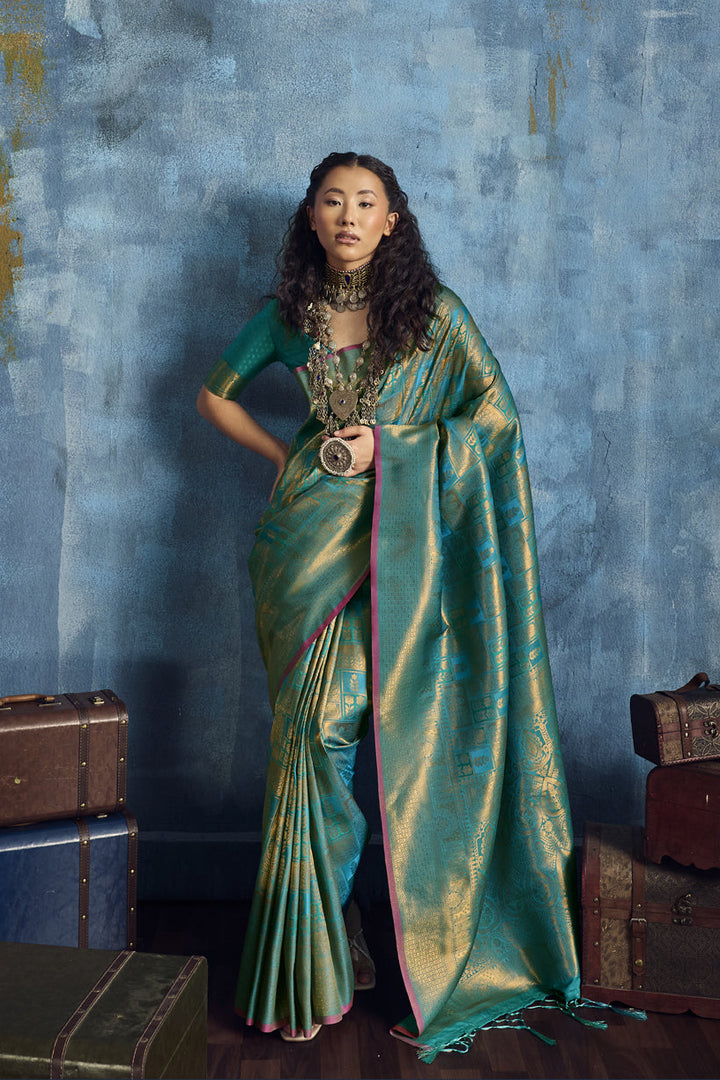 Sea Green Handloom Silk Saree with Gold Zari Weaving
