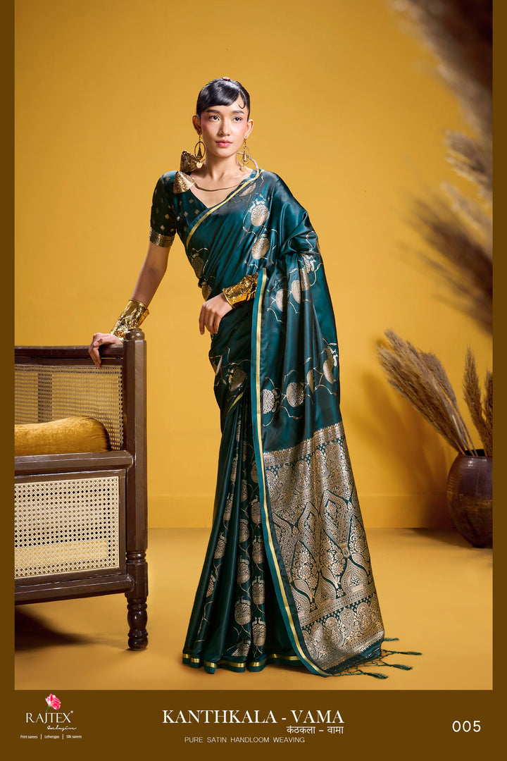 Elegant Bottle Green Satin Handloom Saree with Gold Woven Motifs