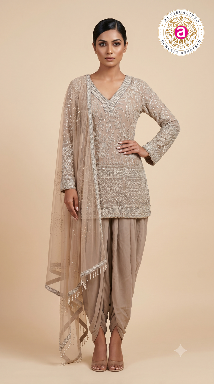 Taupe Beige Heavily Embroidered Patiala Suit Set