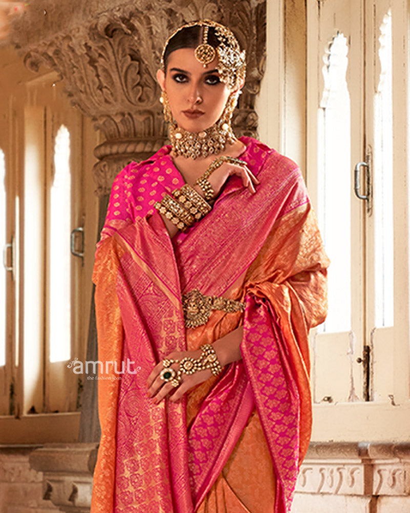 Orange and Pink Gold-Toned Ethnic Motifs Design Zari Silk Saree with Unstitched Blouse