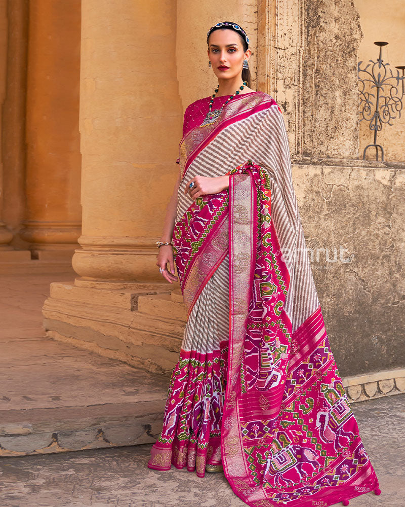 Hot Pink with White Stripes Patola Saree and Unstitched Blouse