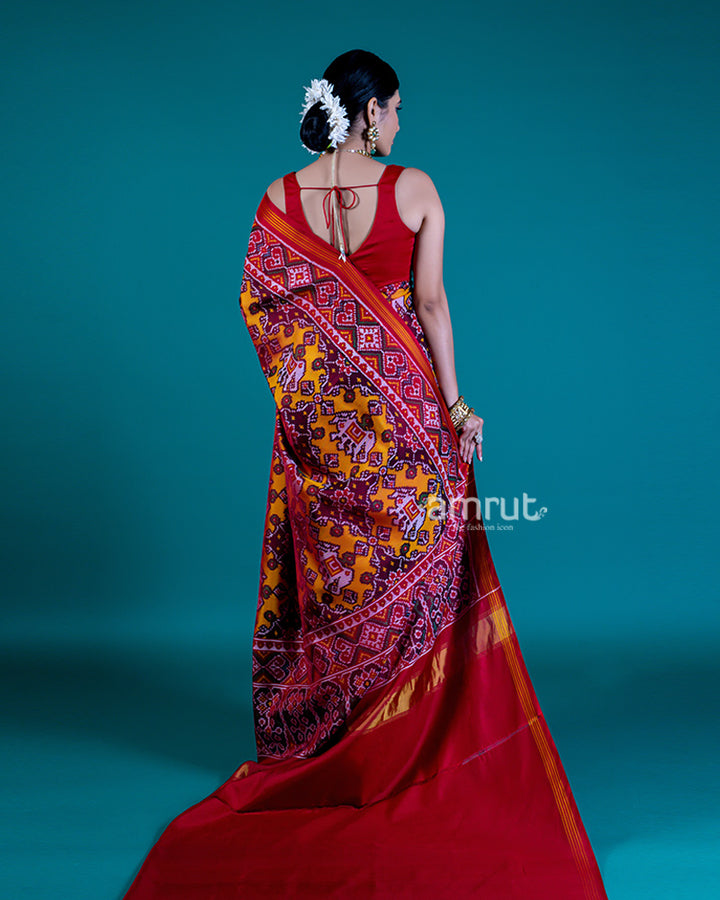 Mustard Yellow Patola Print Silk Saree with Red Contrast and Unstitched Blouse