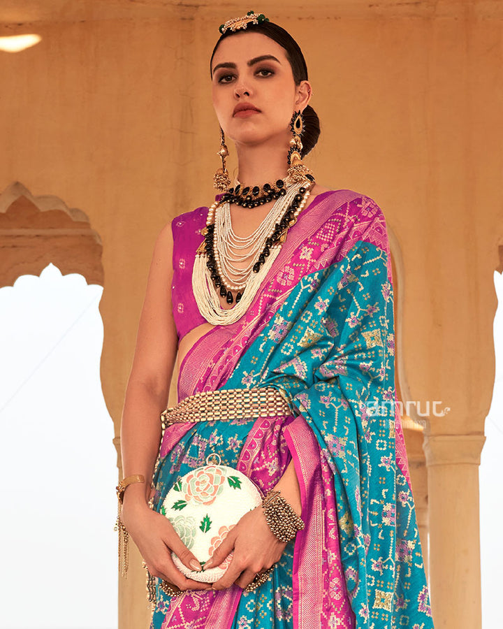 Blue Ikat Printed and Pink Contrast Border Patola Silk Saree with Unstitched Blouse