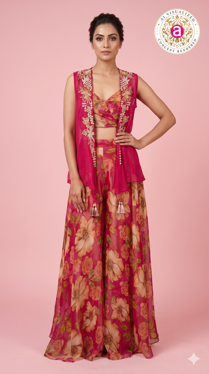 Fuchsia Floral Printed Palazzo Set with Embroidered Cape
