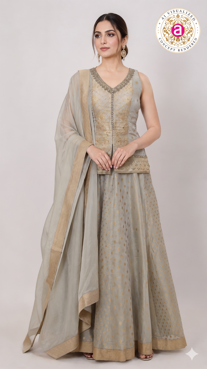 Silver Grey Jacquard Lehenga Set with Embroidered Jacket & Dupatta