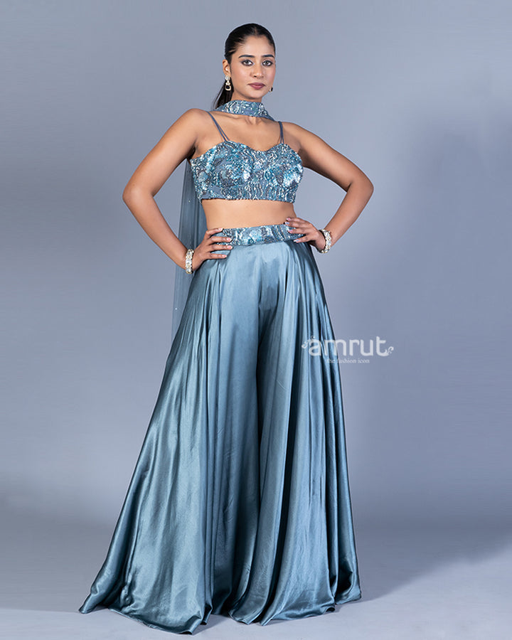 Teal Blue Beaded Crop Top with Wide-Legged Palazzo and Embellished Dupatta