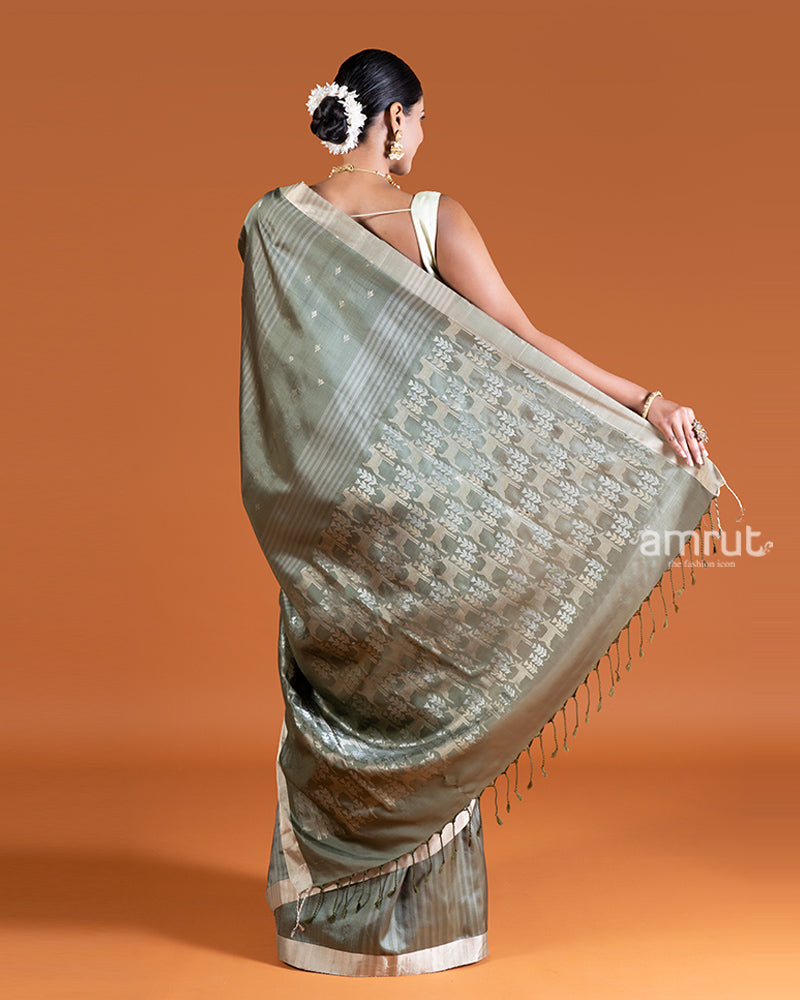 Grayish-Green Stripes and Golden-Silver Brocade Saree with unstitched blouse