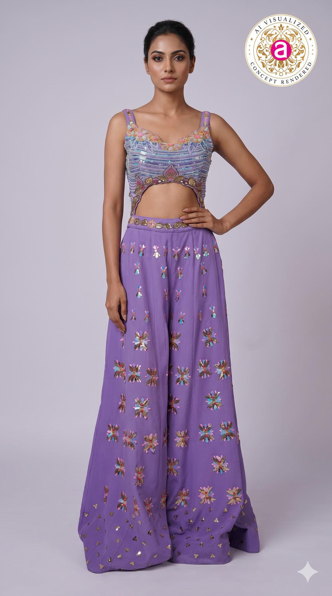 Lavender Embellished Cut-Out Blouse with Floral Palazzo Pants