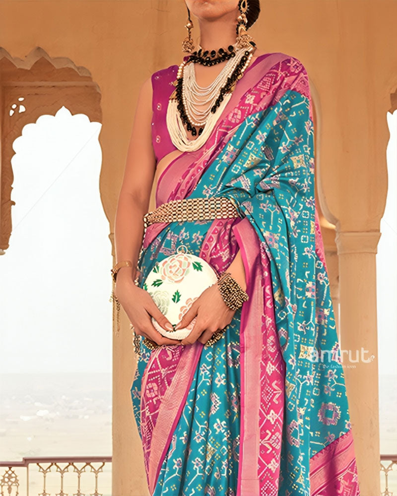 Blue Ikat Printed and Pink Contrast Border Patola Silk Saree with Unstitched Blouse