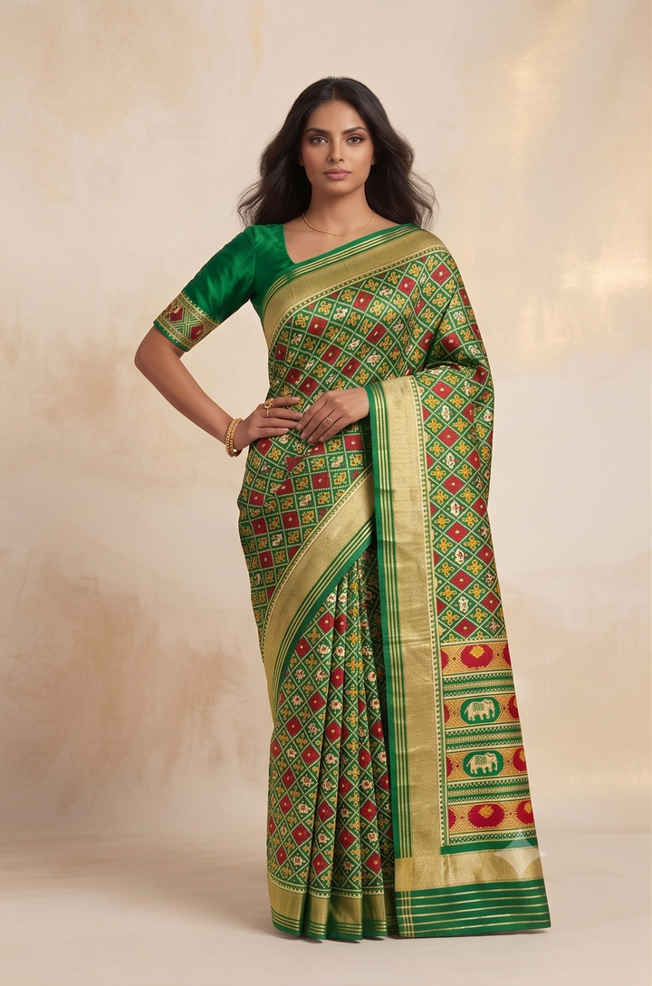 Patola Weaving Silk Saree with Traditional Ikat Diamond Weave & Rich Zari Border