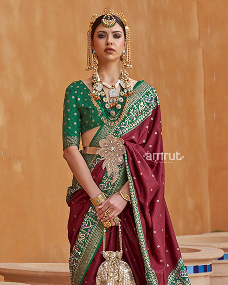 Maroon Zari Weaving Green Border Saree in Patola Silk with Unstitched Blouse