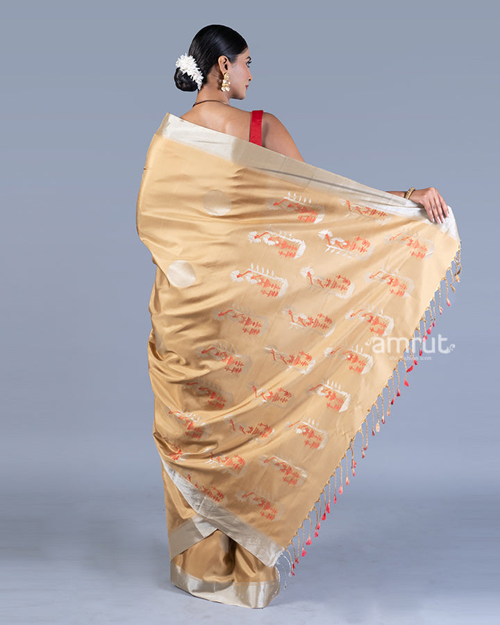 Golden-Beige with Silver Motifs and Red Accents Silk Saree with unstitched blouse