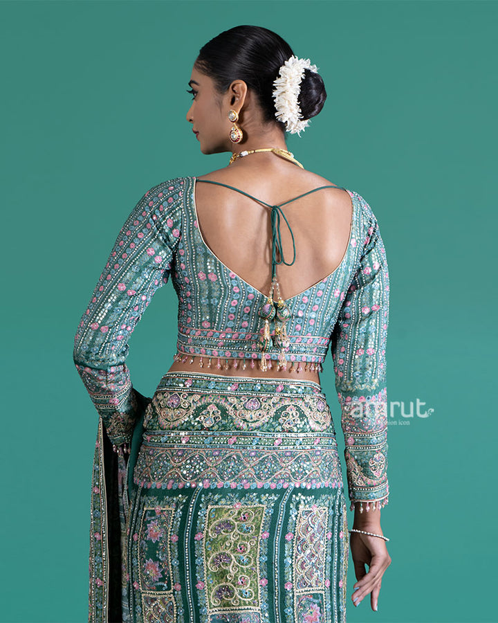 Teal Embroidered Paisley Saree with Matching Embellished Stitched Blouse