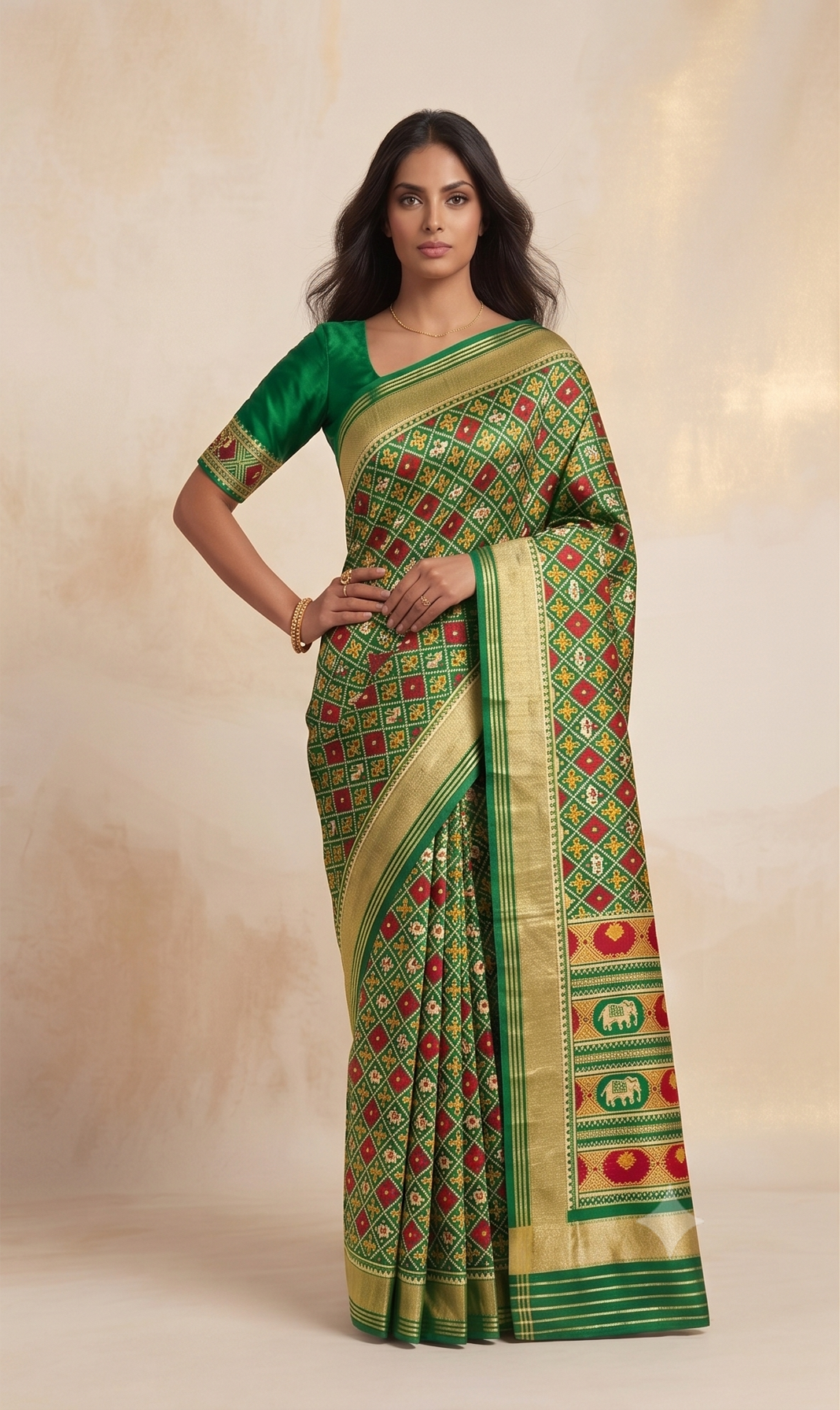 Patola Weaving Silk Saree with Traditional Ikat Diamond Weave & Rich Zari Border