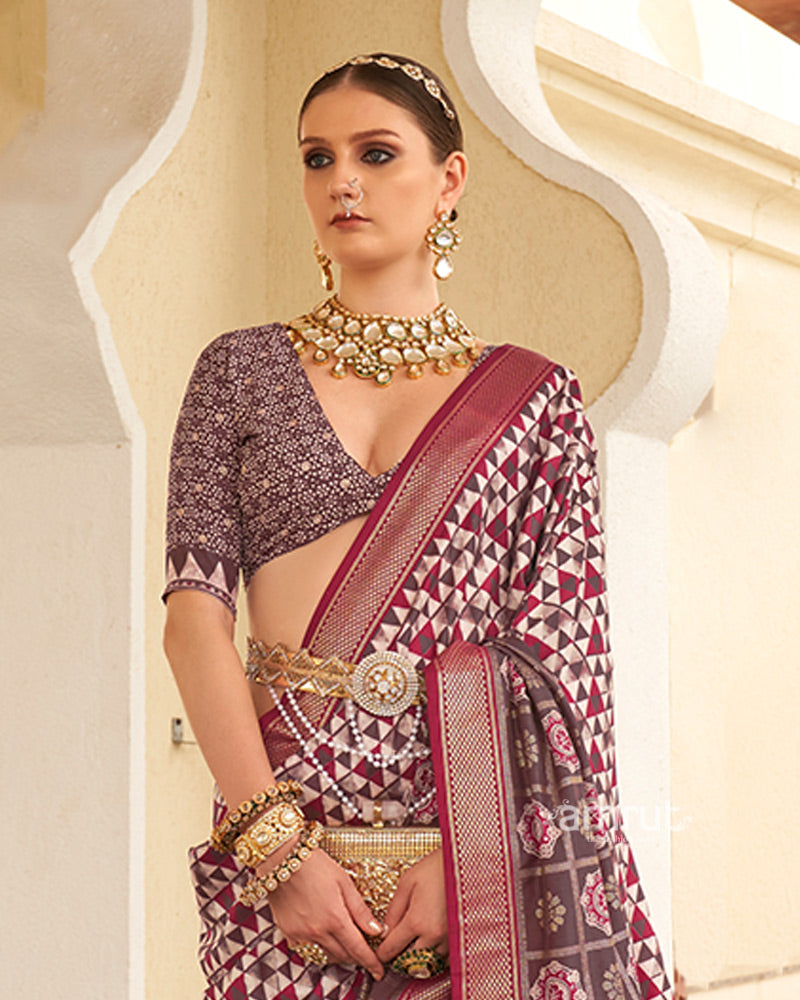 Mauve Taupe & White Geometric Printed Embellished Zari Border Silk Saree with Unstitched Blouse