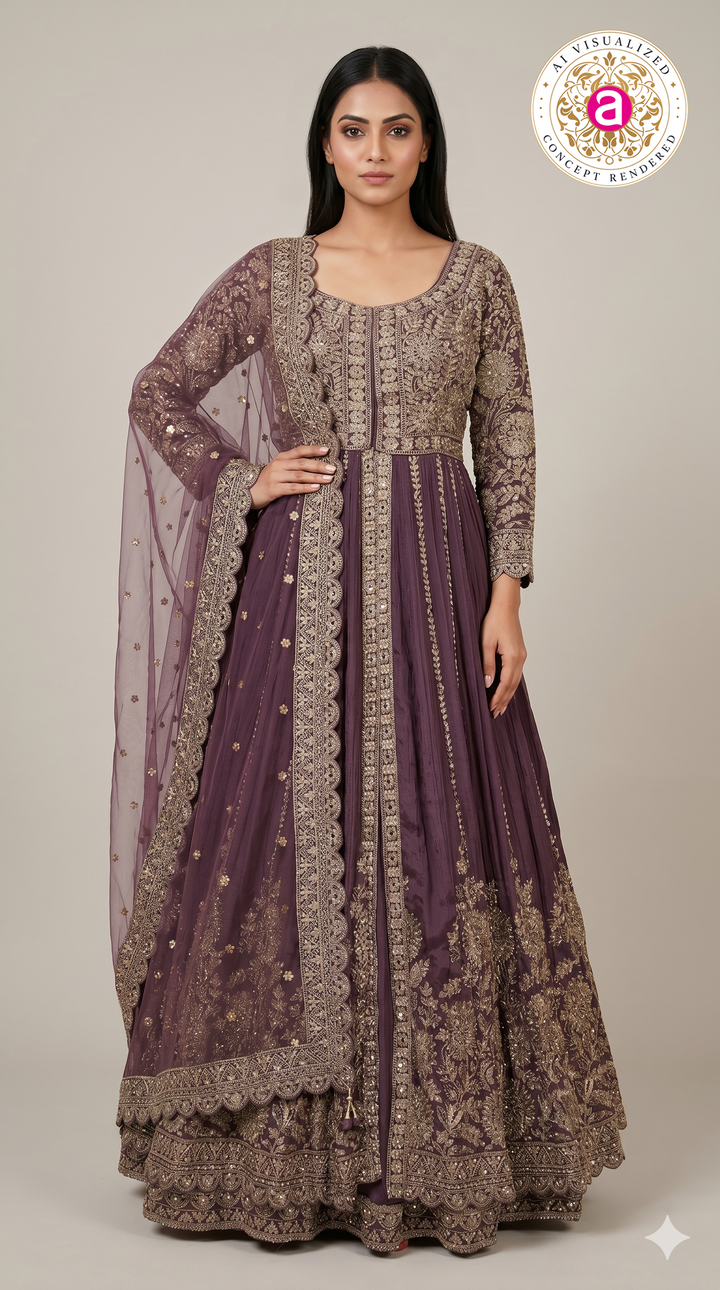 Royal Plum Embroidered Anarkali Gown with Designer Dupatta