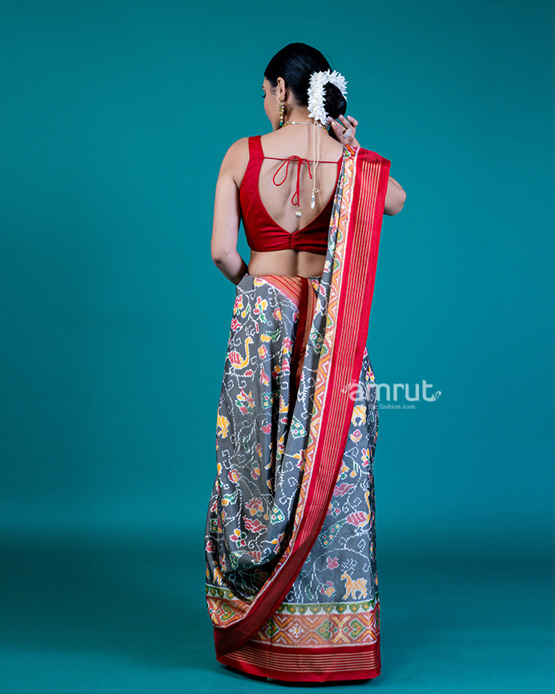 Grey Patola Silk Saree with Red Pallu, Printed Border, and Unstitched Blouse