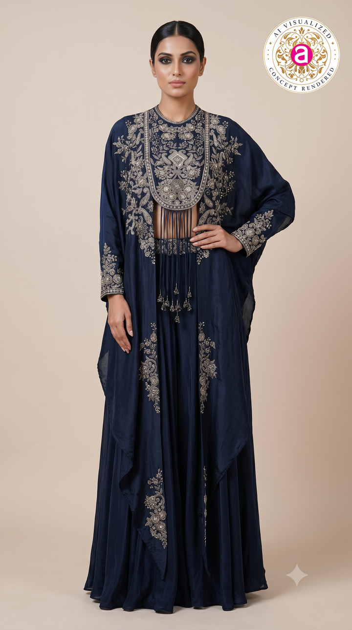 Midnight Blue Embroidered Cape Style Designer Ensemble
