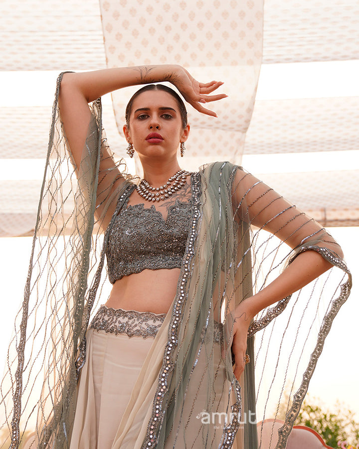 Grey & Off-White Ready-to-Wear Saree with Embellished Blouse with Cape