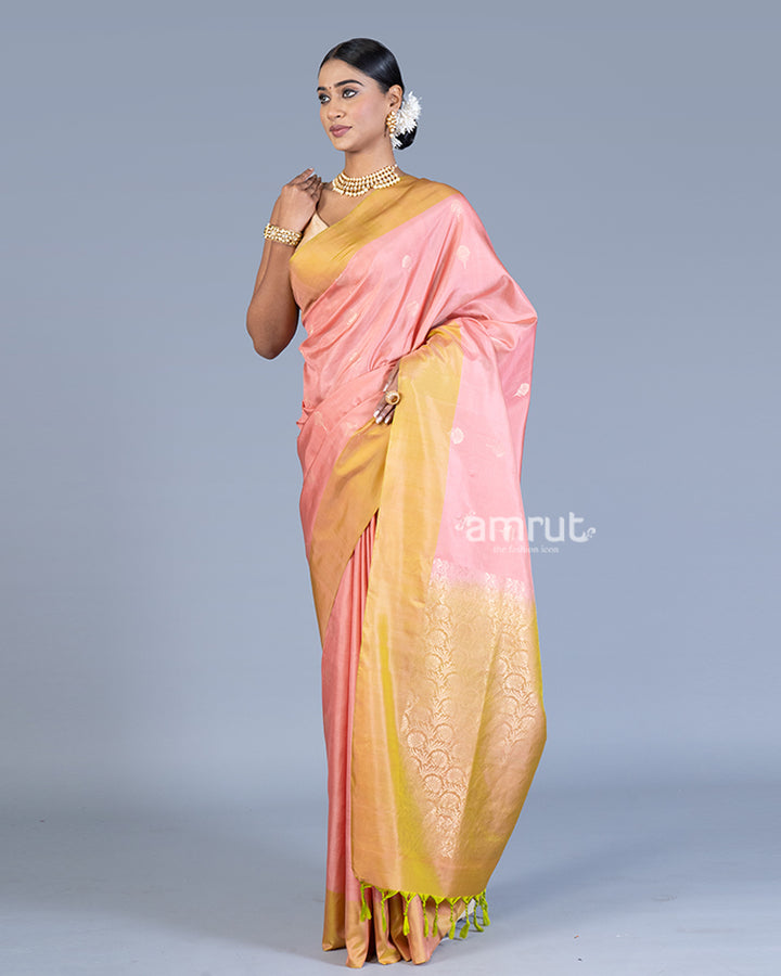 Rose Pink and Yellow Golden Zari embellished Silk Saree with Unstitched Blouse