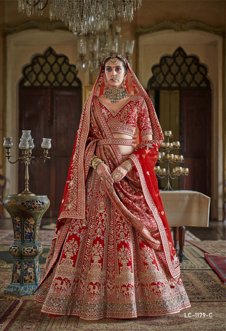 Regal Scarlet Red Handcrafted Bridal Lehenga with Zardozi & Elephant Motif Embroidery