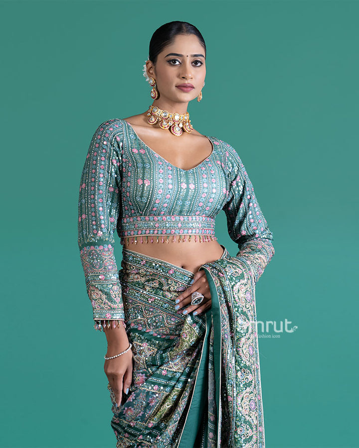 Teal Embroidered Paisley Saree with Matching Embellished Stitched Blouse