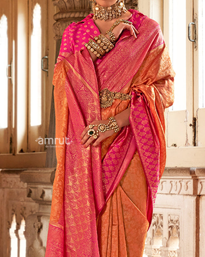 Orange and Pink Gold-Toned Ethnic Motifs Design Zari Silk Saree with Unstitched Blouse