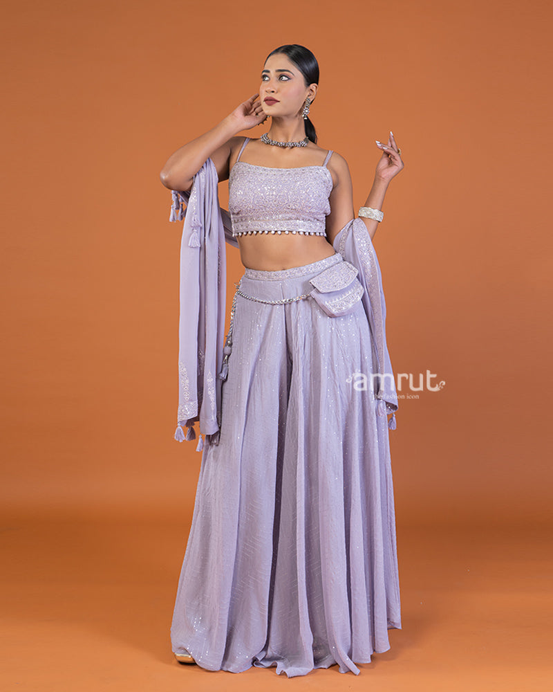 Purple Embellished Crop Top and Palazzo Set with Waistline Bag