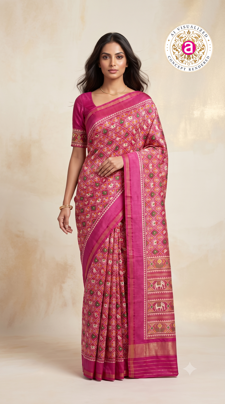Patola Weaving Silk Saree with Traditional Ikat Diamond Weave & Rich Zari Border