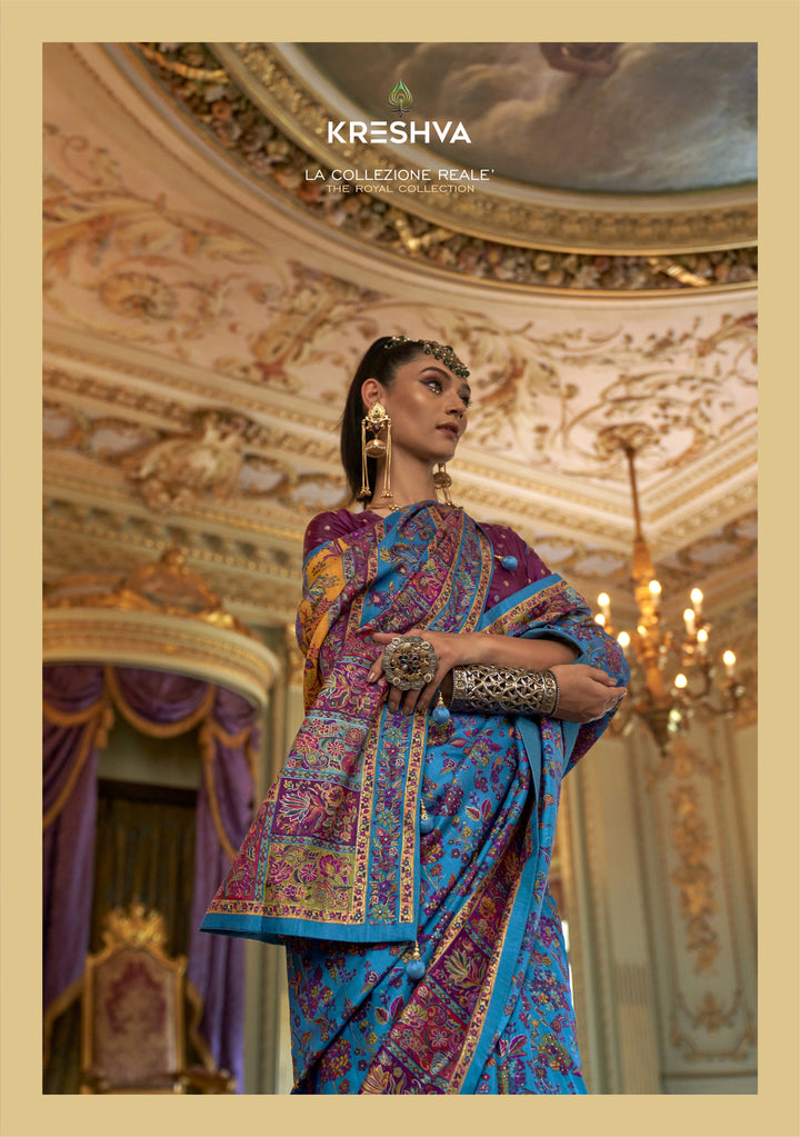 Royal Teal Blue Pashmina Inspired Heritage Print Saree with Magenta Blouse