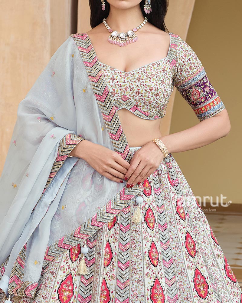 Cream Floral Embroidery Lehenga Choli with Light Gray Dupatta