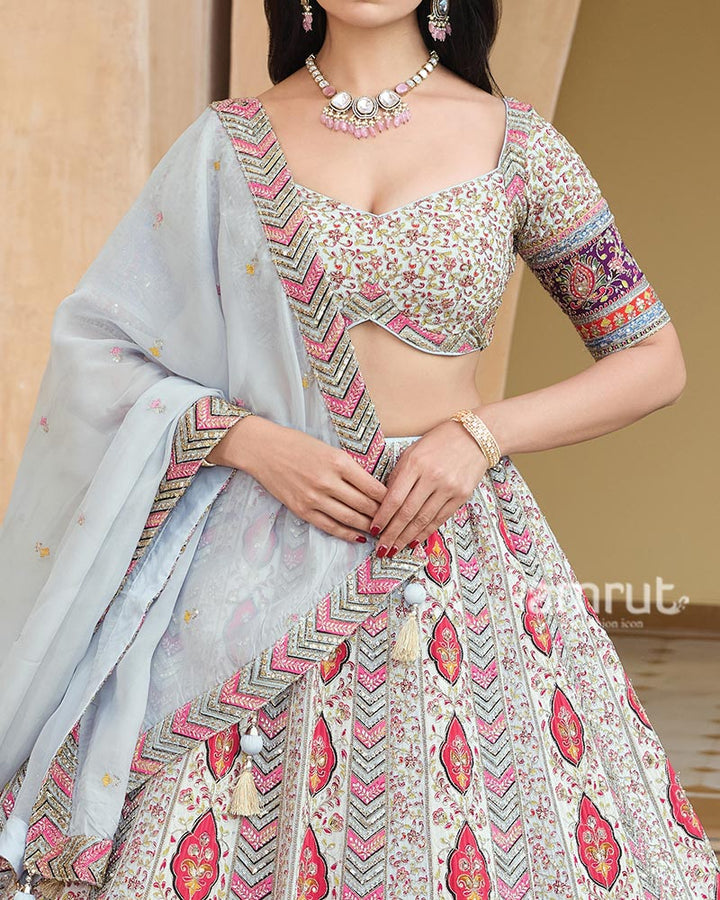 Cream Floral Embroidery Lehenga Choli with Light Gray Dupatta