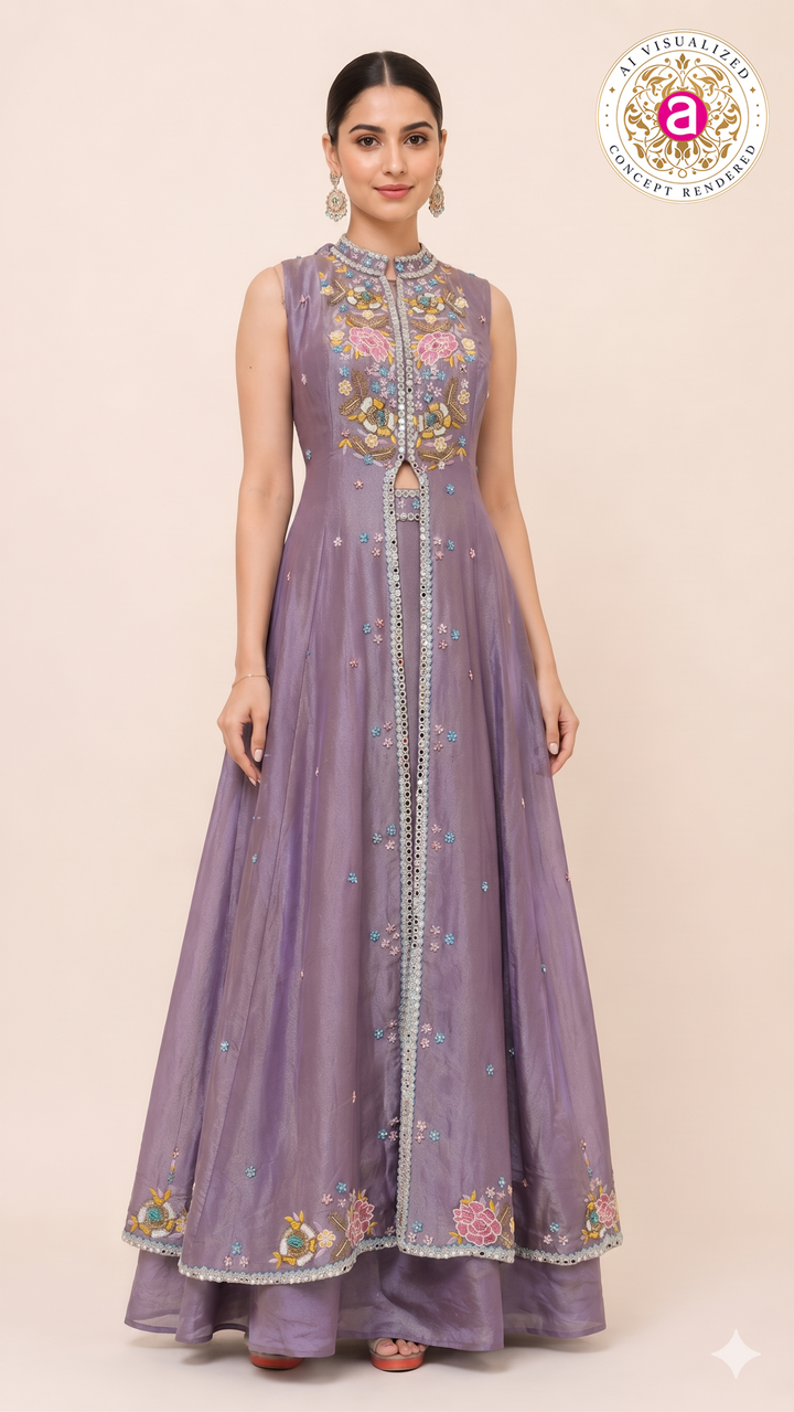 Lavender Embroidered Skirt Set with Jacket Style Anarkali