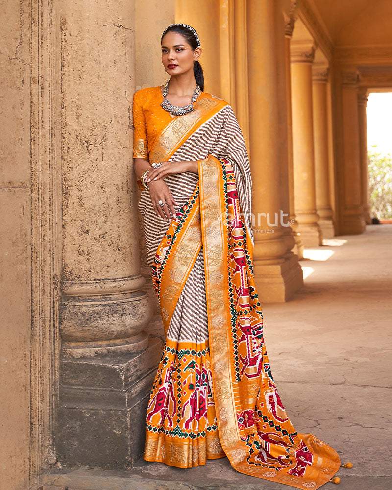 Mustard Yellow with White Stripes Patola Saree and Unstitched Blouse