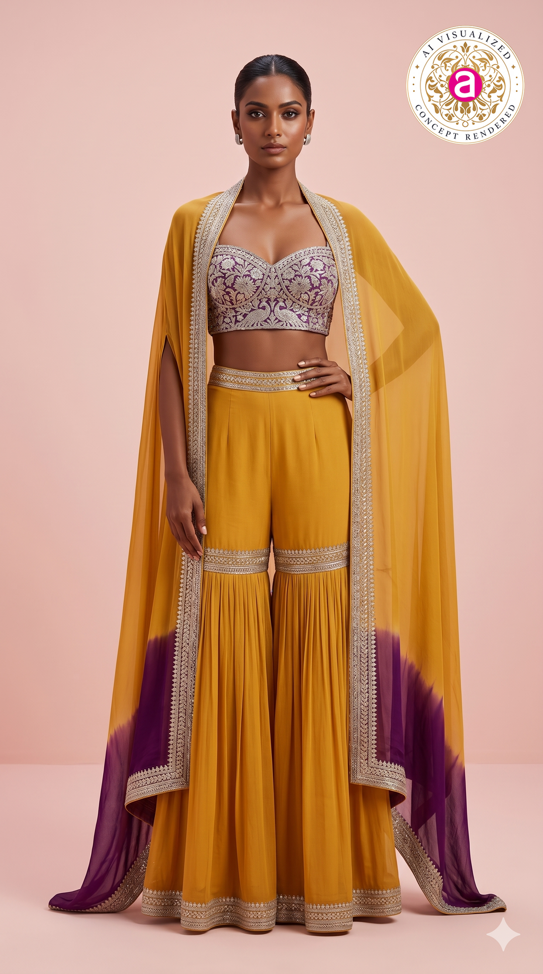 Mustard Yellow Indo-Western Sharara Set with Embroidered Cape Dupatta