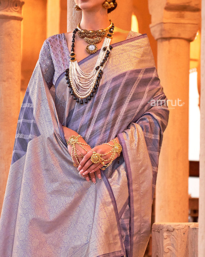 Purple Striped Pattern and Golden Border Silk Saree with Unstitched Blouse